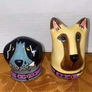 Vintage DOGZILLA Ceramic Salt & Pepper Shakers 2.5" & 3.5"  Pair 2001 NWOB EUC